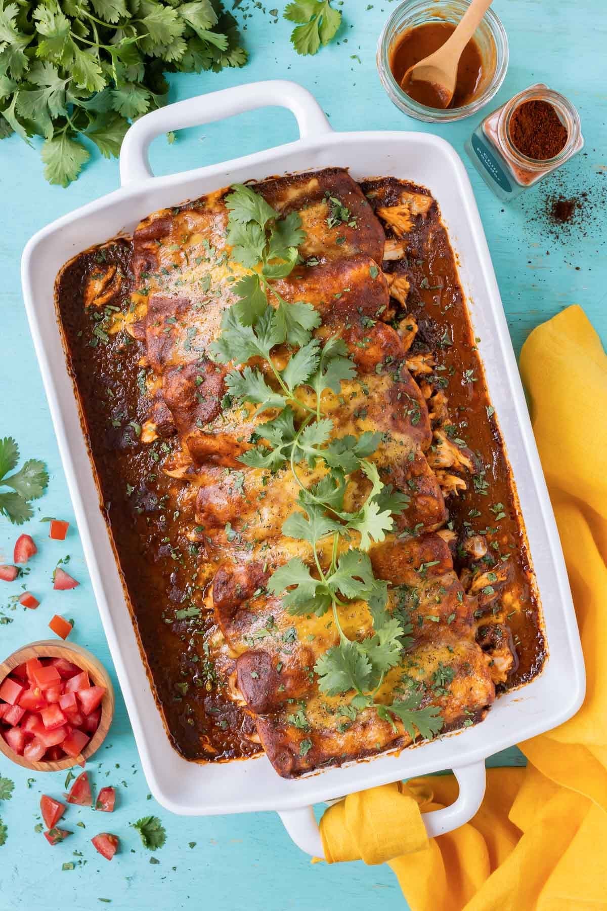 Rotisserie Chicken Enchiladas with Corn Tortillas and Homemade Red Sauce