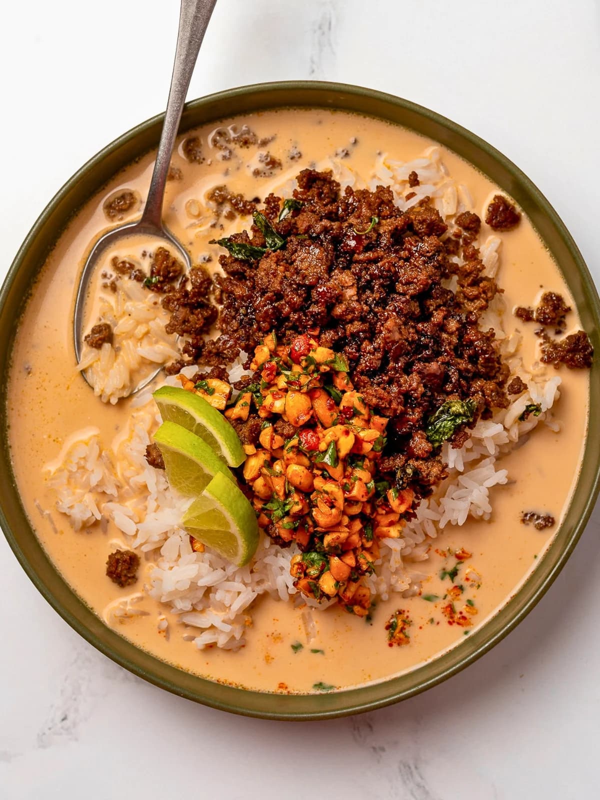 Thai Peanut Brothy Rice Bowls with Coconut Curry Broth