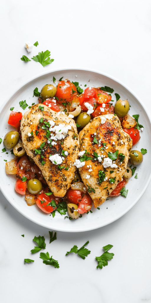 Mediterranean Chicken with Lemony Tomato, Olive, and Feta Skillet Sauce