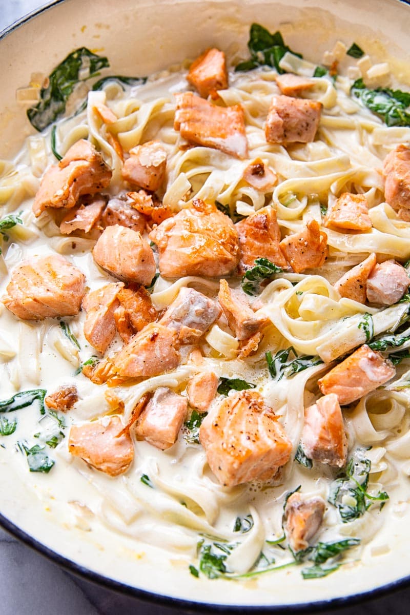 Creamy Salmon Pasta with White Wine Sauce and Mixed Greens