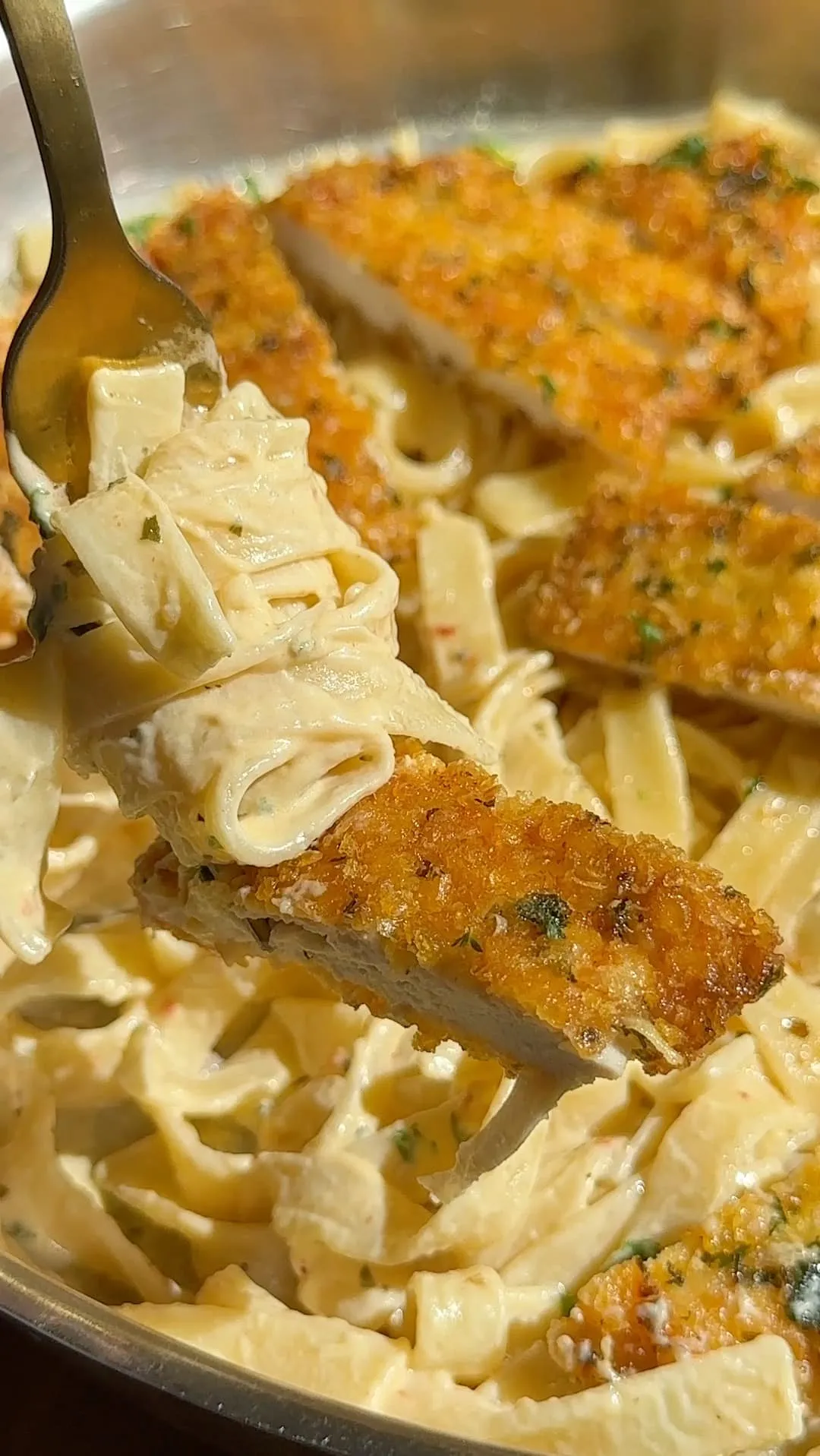 Chicken Alfredo Pasta with Parmesan-Crusted Chicken and Mascarpone Sauce