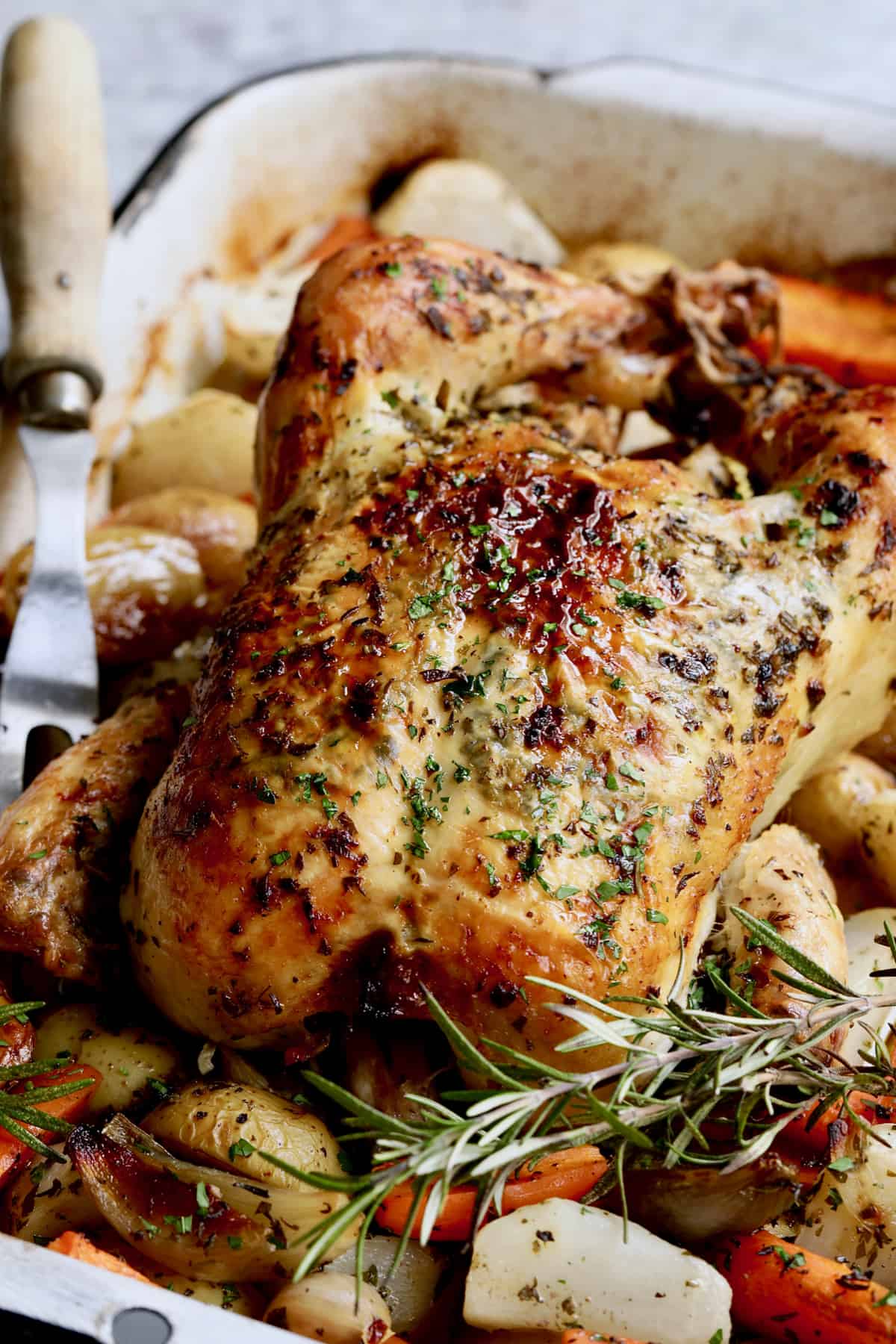 Garlic Herb Butter Roast Chicken with Lemony Root Vegetables