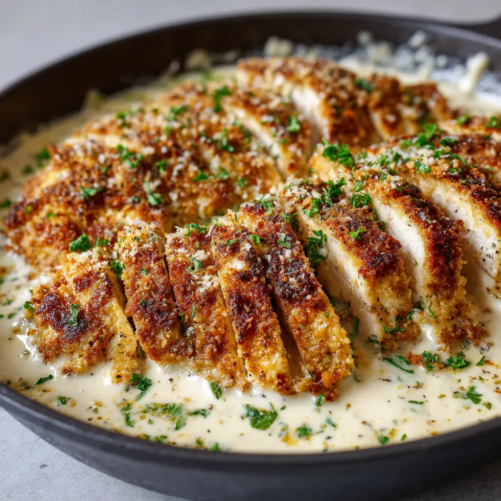 Parmesan Crusted Chicken with Garlic Cream Sauce