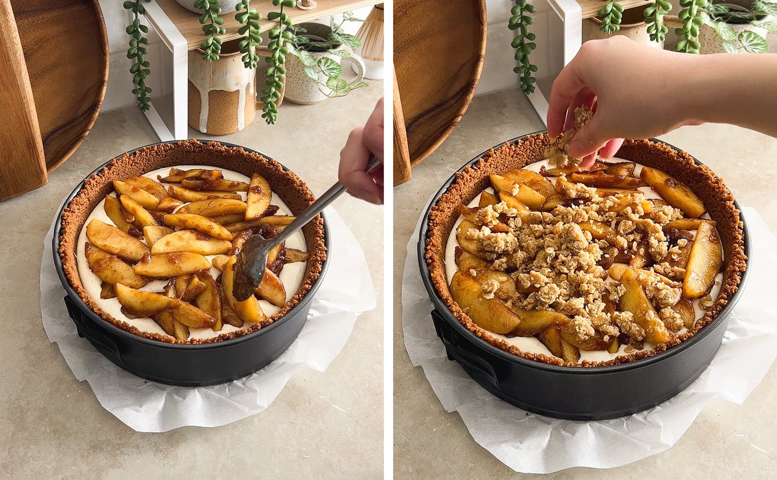 Apple Crumble Cheesecake With Biscoff Crust and Cinnamon Apples