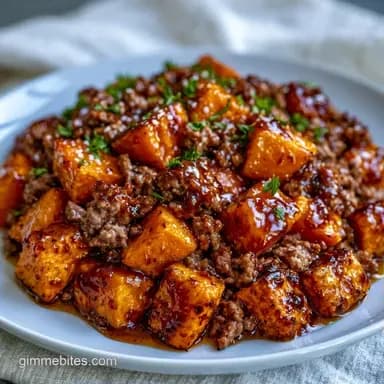Hot Honey Beef Bowl with Charred Sweet Potatoes and Arugula