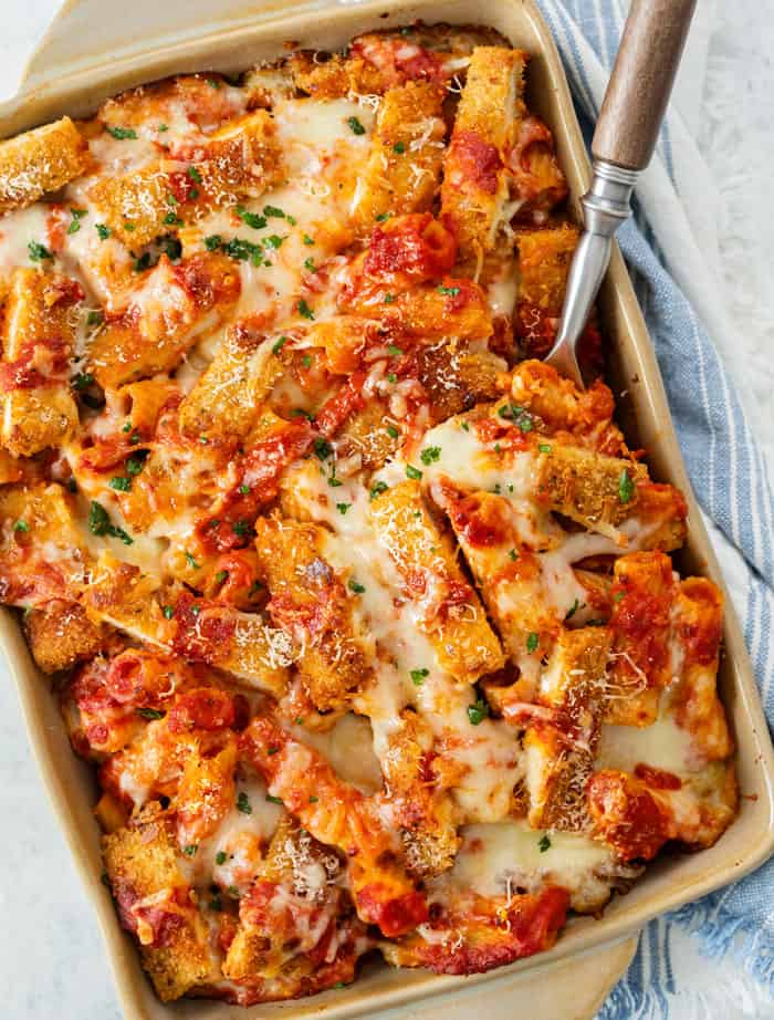 Chicken Parmesan Casserole with Crispy Chicken, Rigatoni, and Melted Cheese