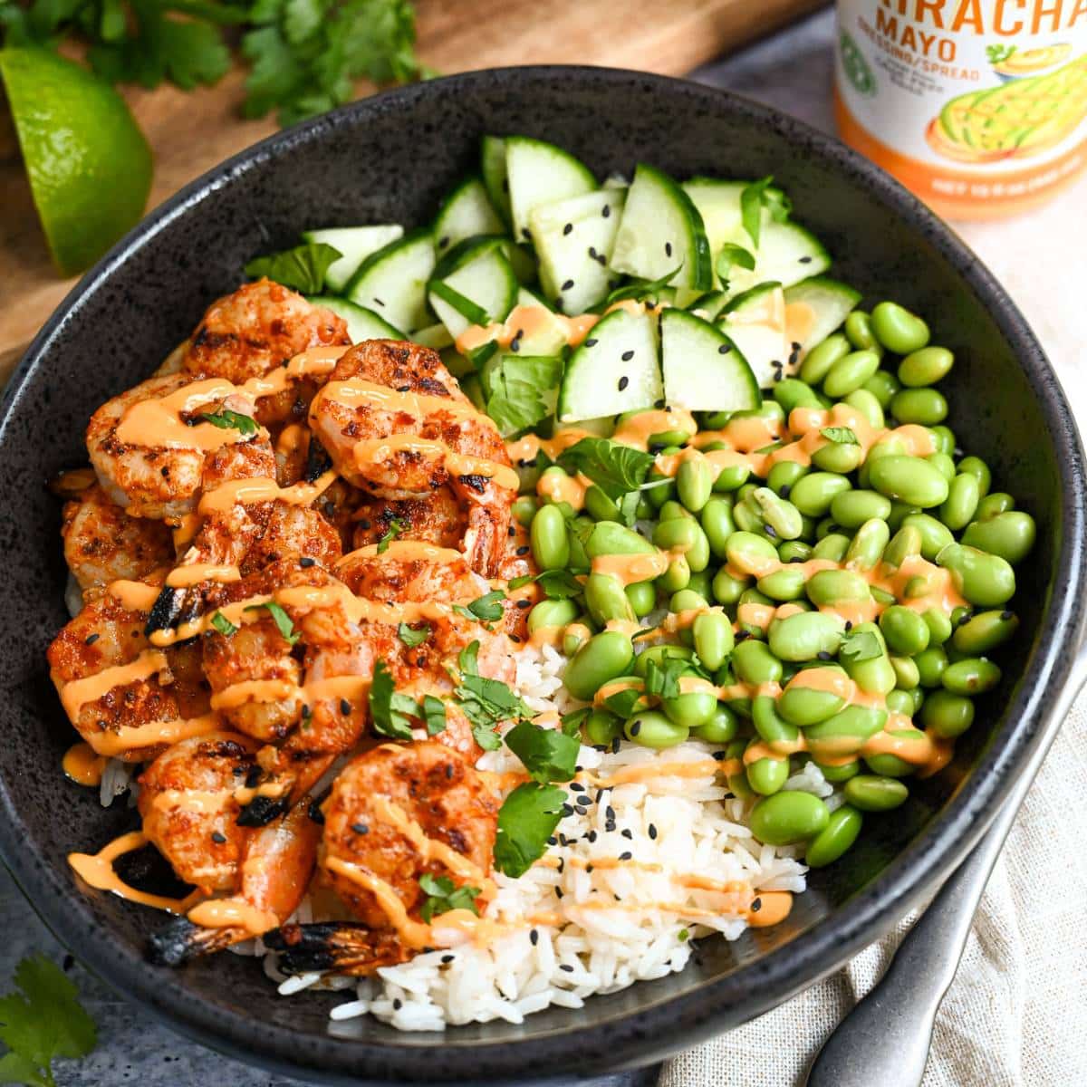 Sriracha Shrimp and Rice Bowl with Grilled Shrimp and Spicy Mayo