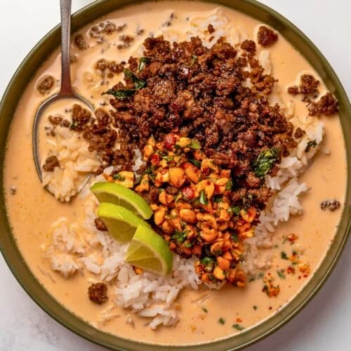 Thai Peanut Brothy Rice Bowls with Coconut Curry Broth