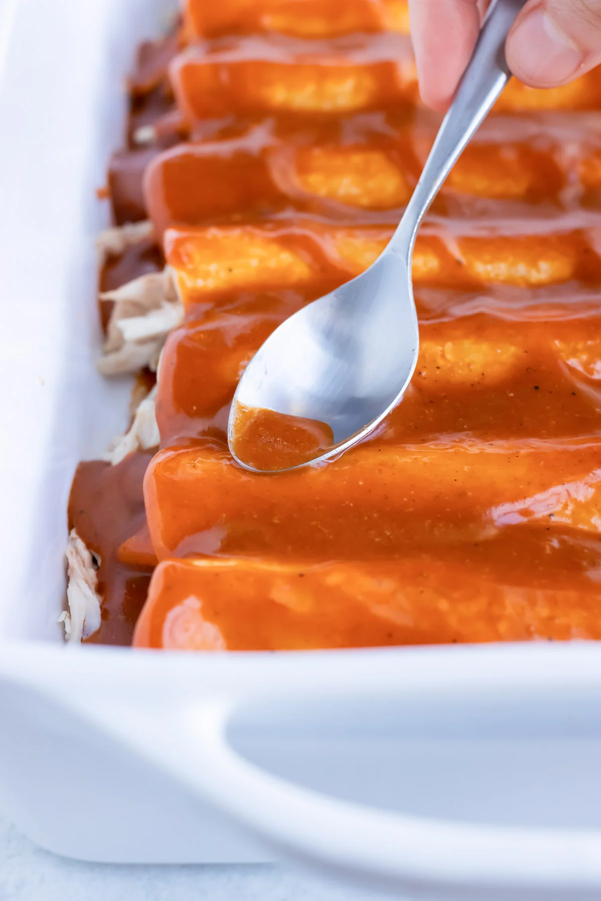 Rotisserie Chicken Enchiladas with Corn Tortillas and Homemade Red Sauce