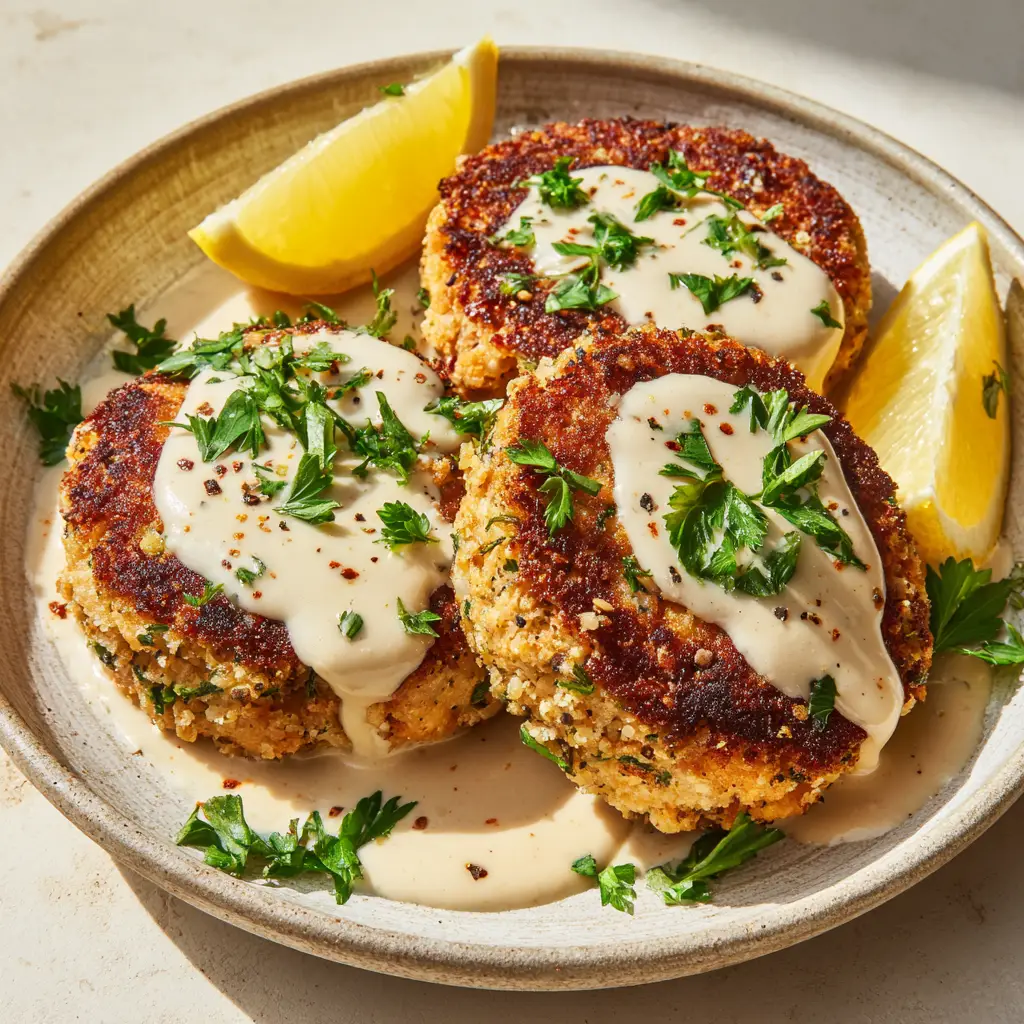 Salmon Patties with Creamy Lemon-Garlic Drizzle
