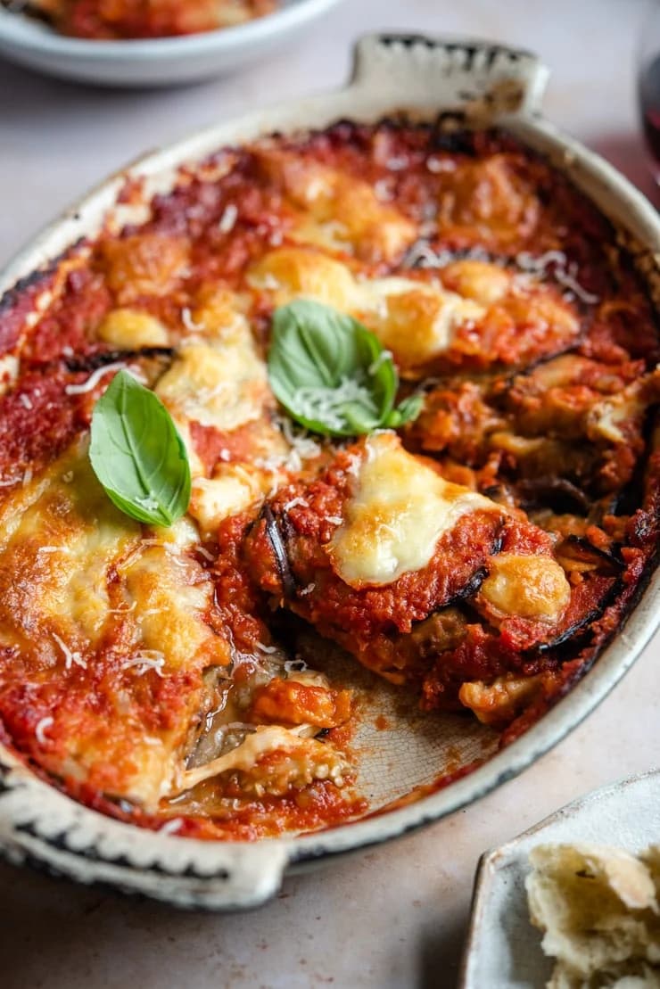 Eggplant Parmigiana with Golden Mozzarella and Tomato Basil Sauce