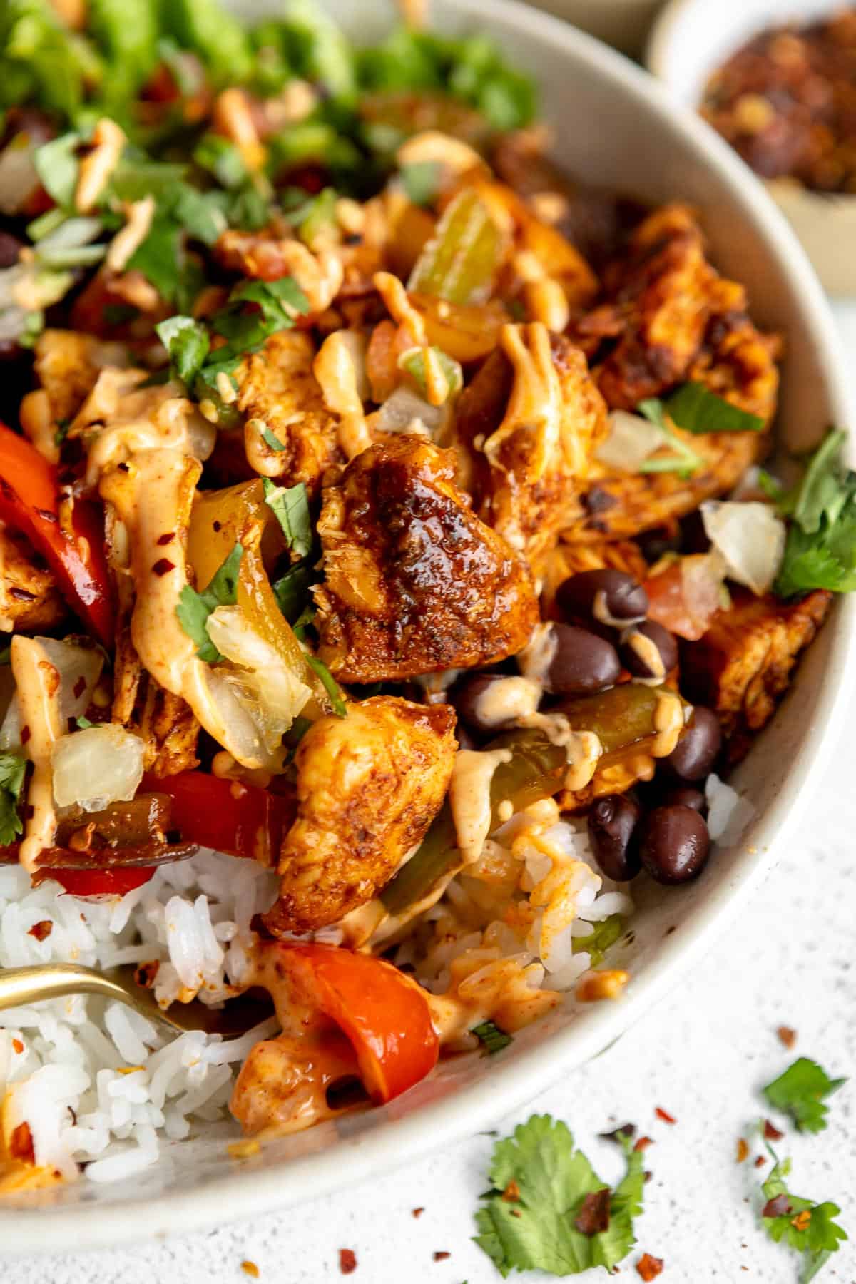 Chicken Fajita Bowls with Chipotle Aioli and Golden Peppers