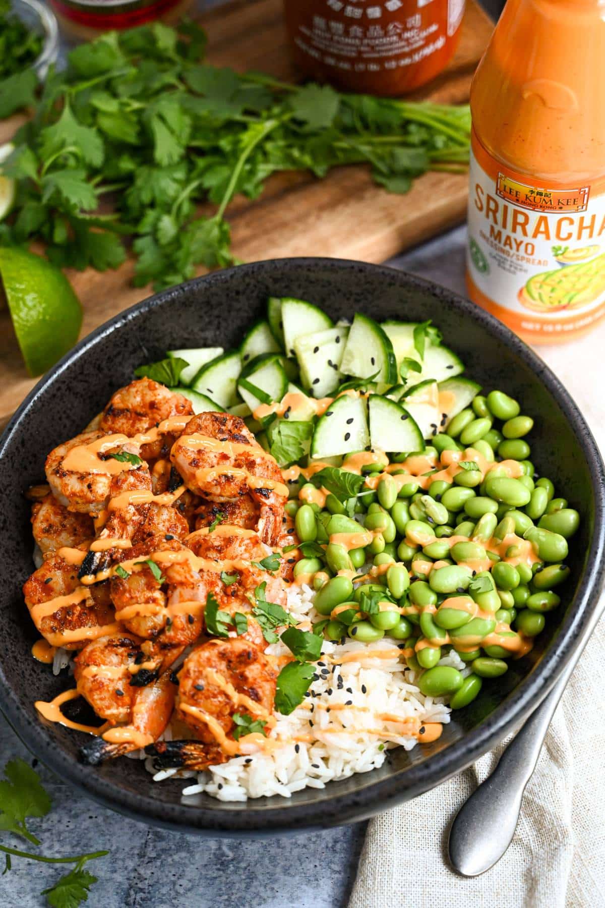 Sriracha Shrimp and Rice Bowl with Grilled Shrimp and Spicy Mayo