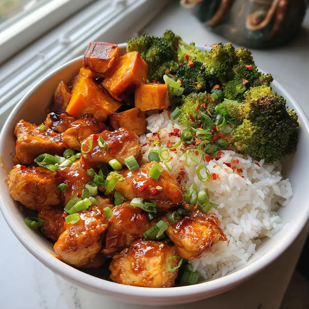 Hot Honey Chicken Bowls with Sweet Potatoes and Broccoli