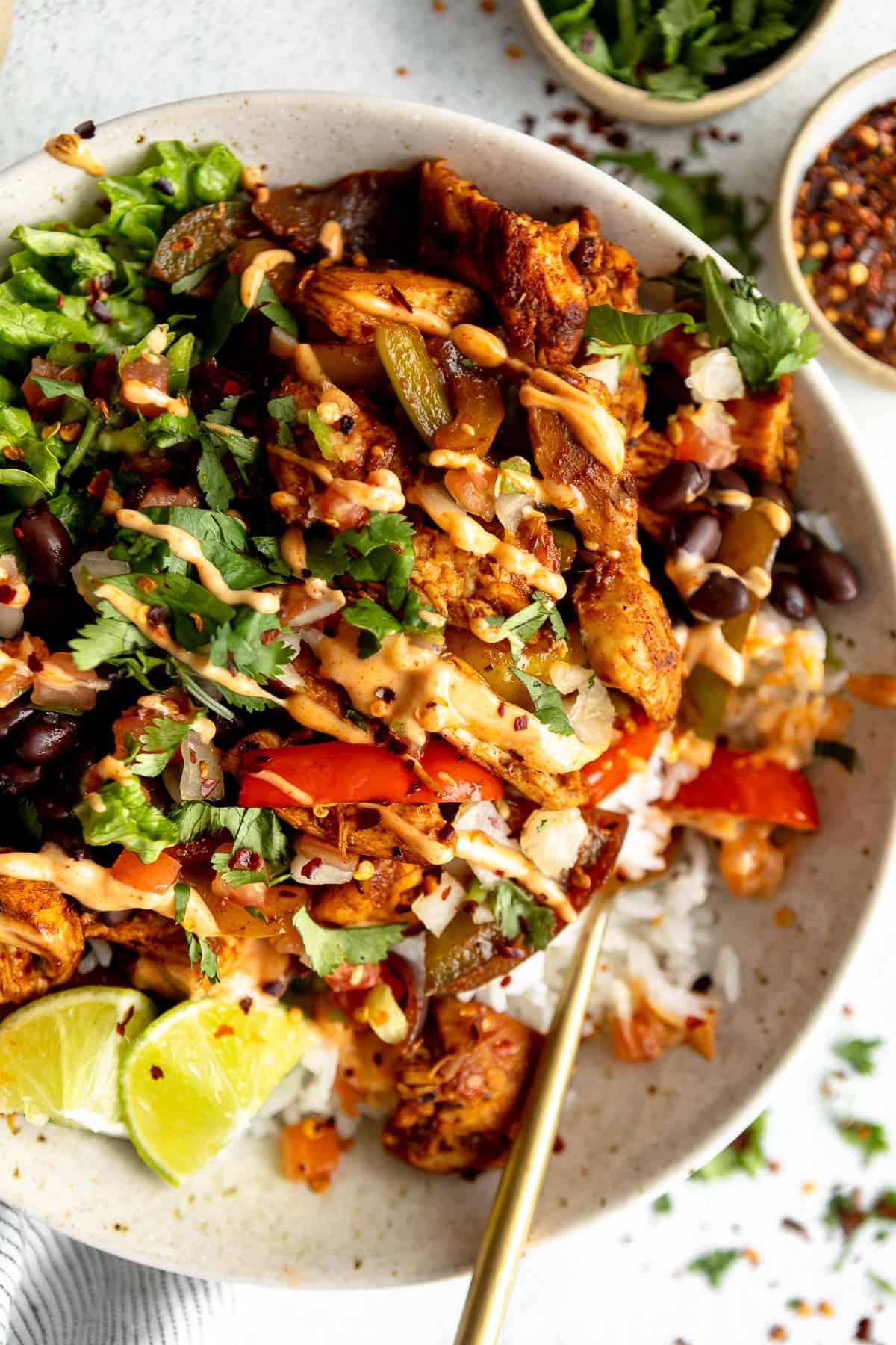 Chicken Fajita Bowls with Chipotle Aioli and Golden Peppers