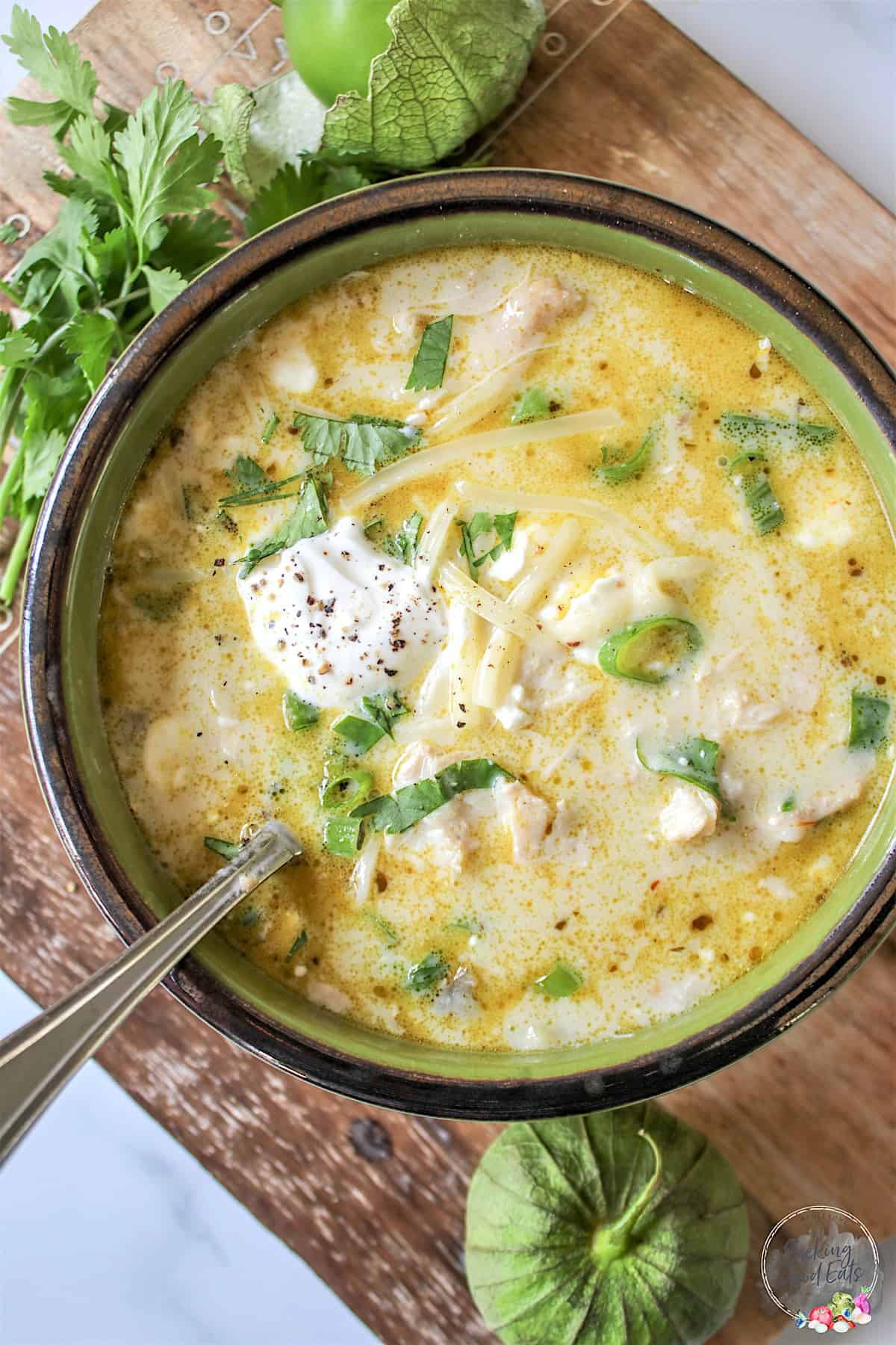 Creamy Green Enchilada Chicken Soup with Salsa Verde and Monterey Jack