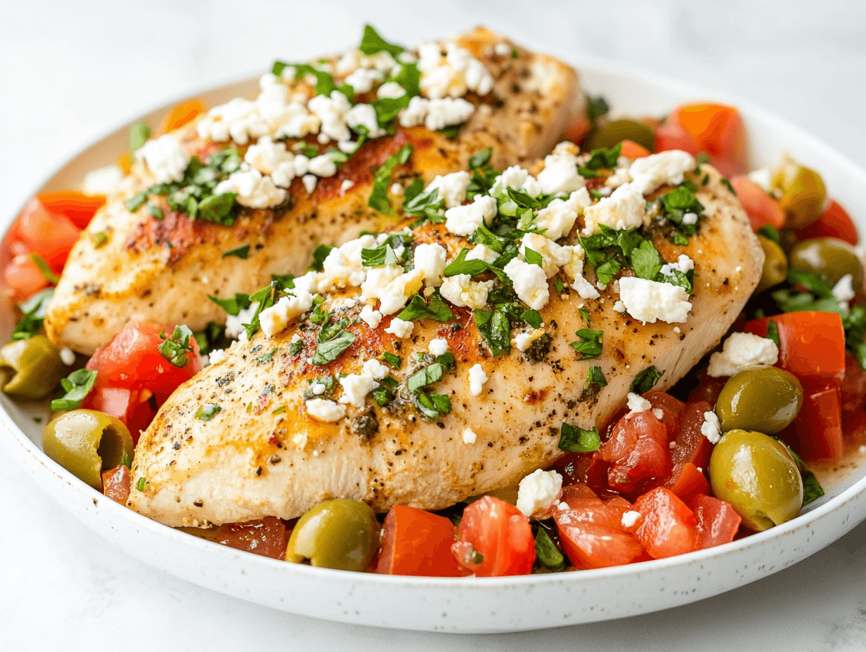 Mediterranean Chicken with Lemony Tomato, Olive, and Feta Skillet Sauce