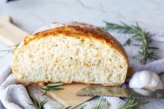 Dutch Oven Garlic Rosemary Bread with a Crusty Golden Crust