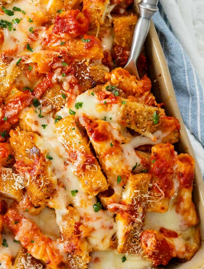 Chicken Parmesan Casserole with Crispy Chicken, Rigatoni, and Melted Cheese