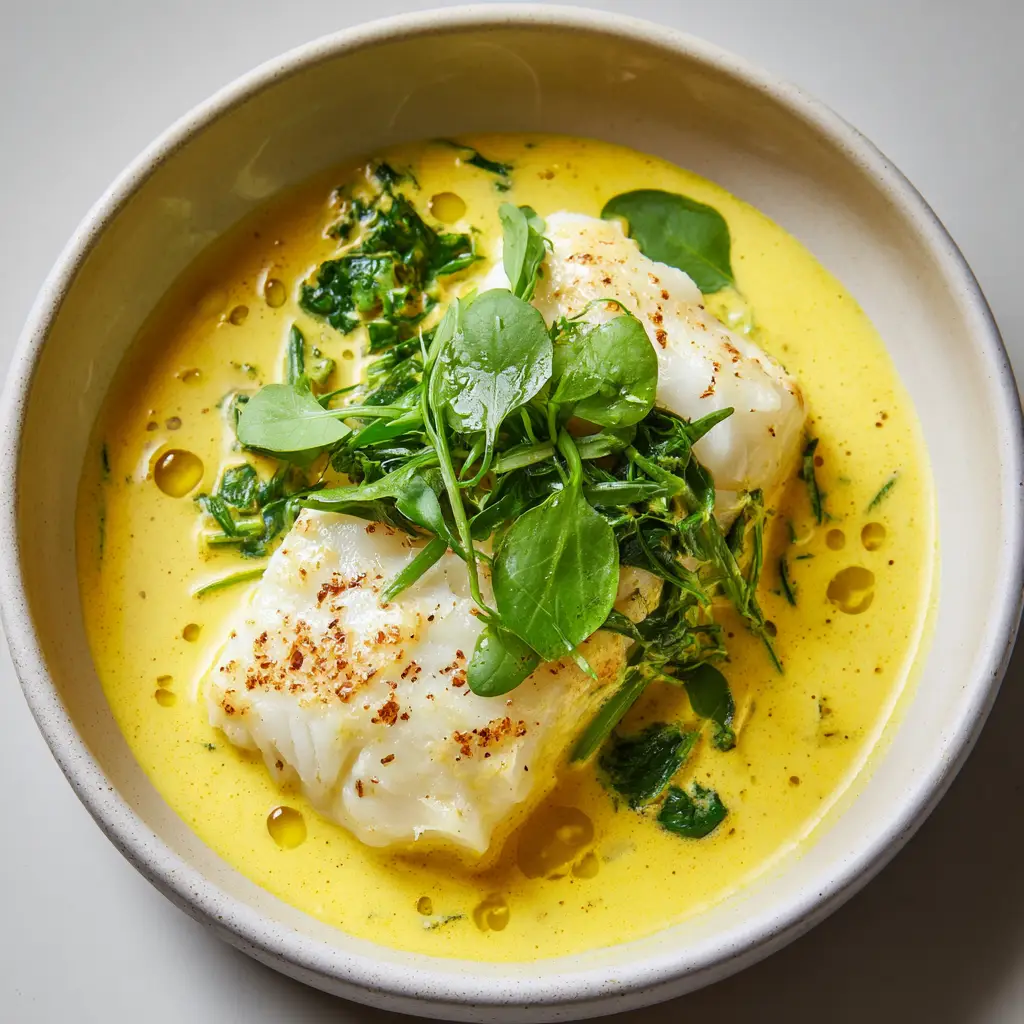 Yellow Curry Poached Cod with Watercress and Chili Oil