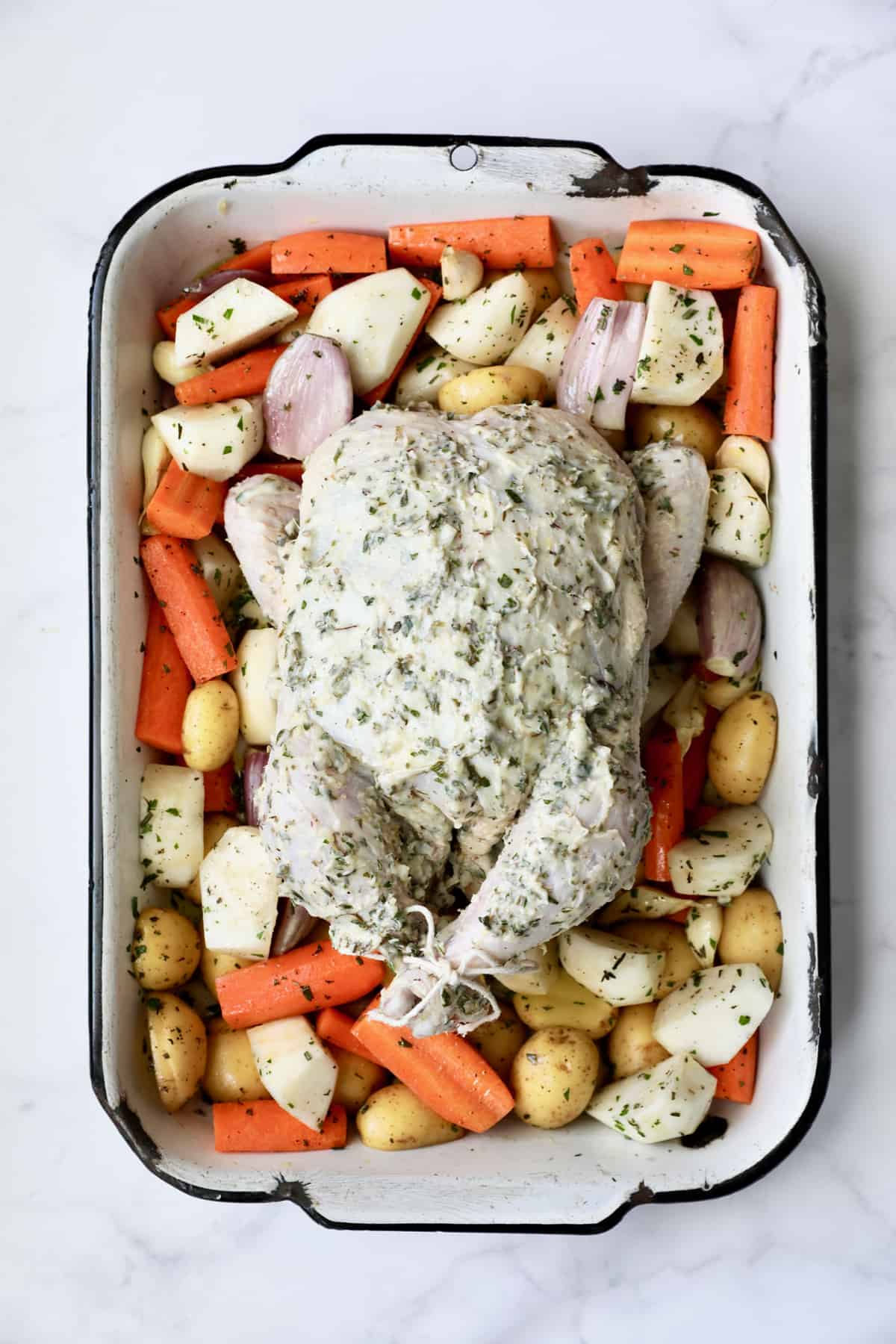 Garlic Herb Butter Roast Chicken with Lemony Root Vegetables