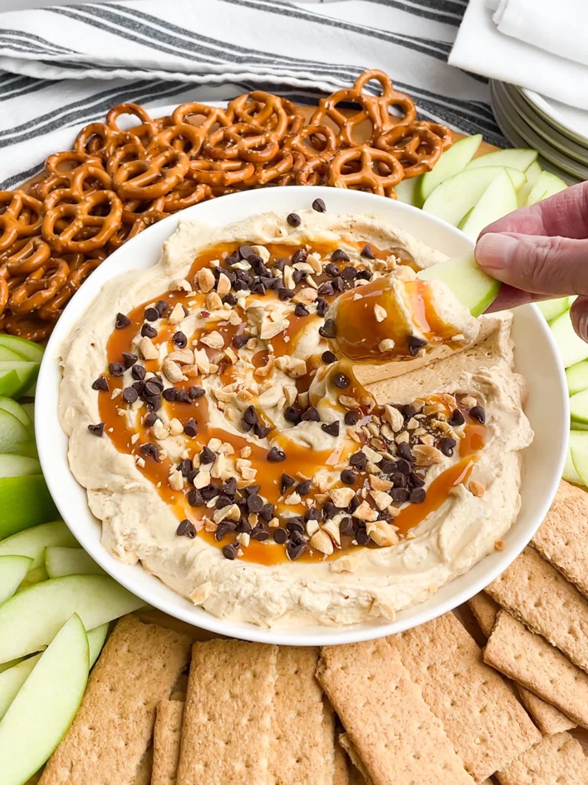 Caramel Apple Dip: Fluffy Cream Cheese Dip with Peanuts and Mini Chips