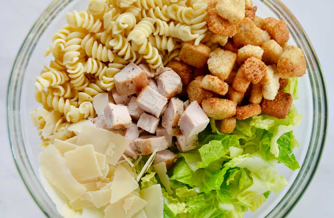 Chicken Caesar Pasta Salad with Garlicky Parmesan Dressing