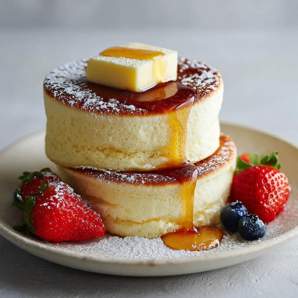 Japanese Soufflé Pancakes with Maple Syrup and Fresh Berries