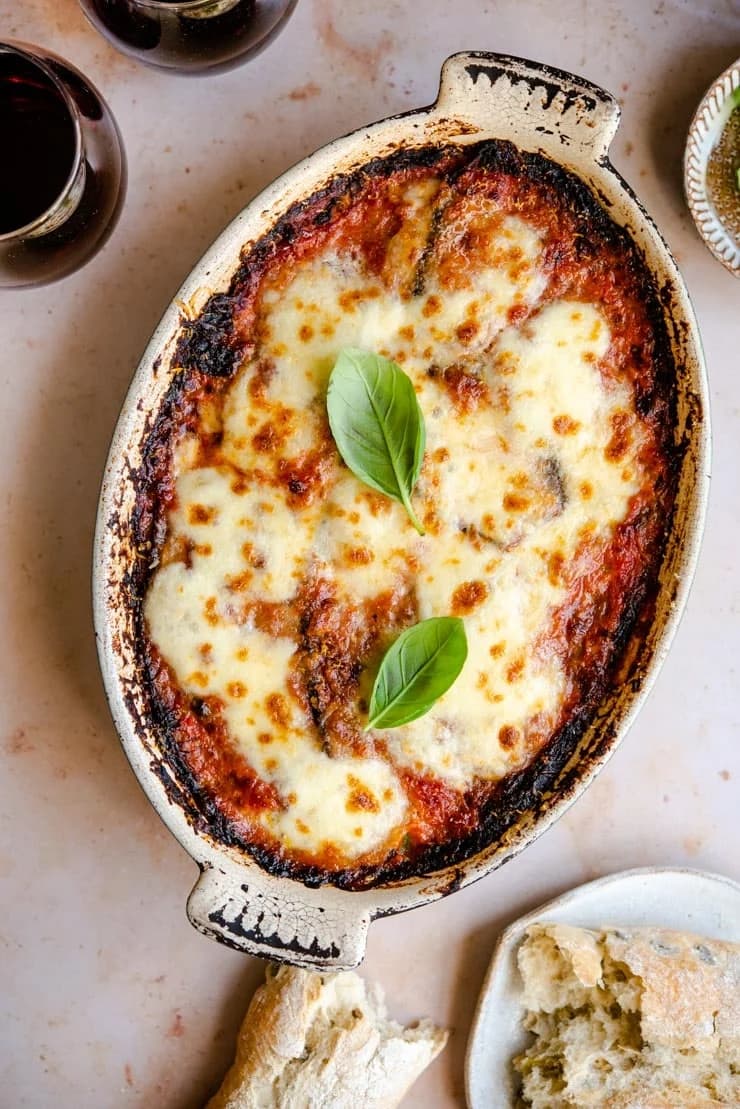 Eggplant Parmigiana with Golden Mozzarella and Tomato Basil Sauce