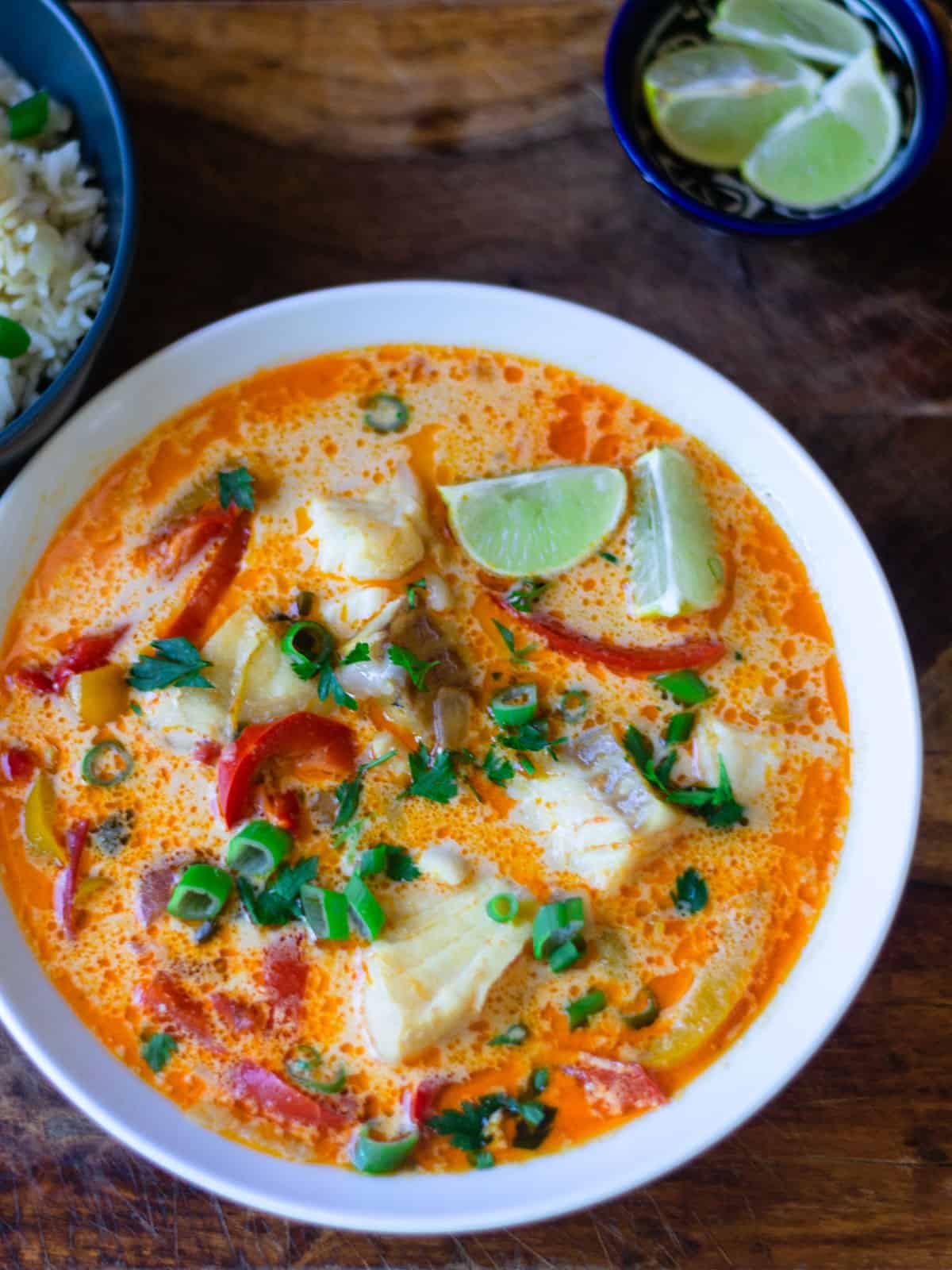 Moqueca Brazilian Fish Stew with Coconut Milk, Peppers, and Lime
