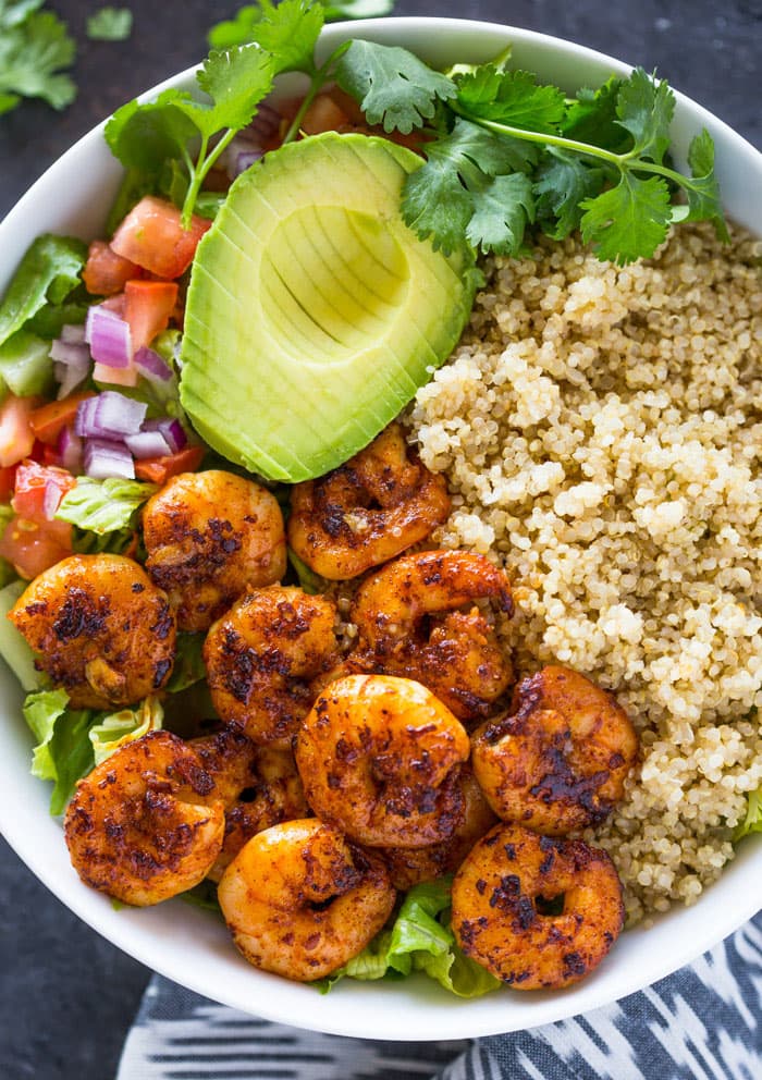 Blackened Cajun Shrimp Avocado Quinoa Bowls with Crisp Romaine