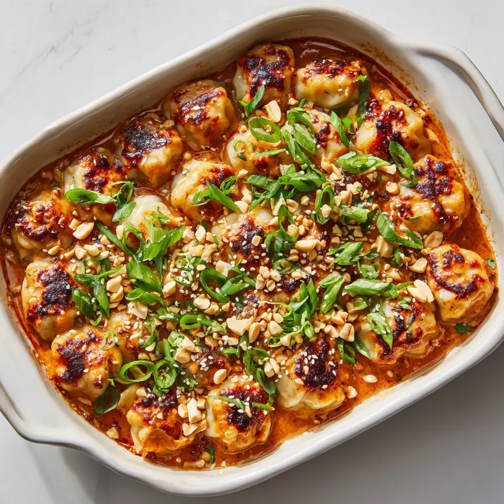 Crispy Oven-Baked Dumplings with Peanut Sauce