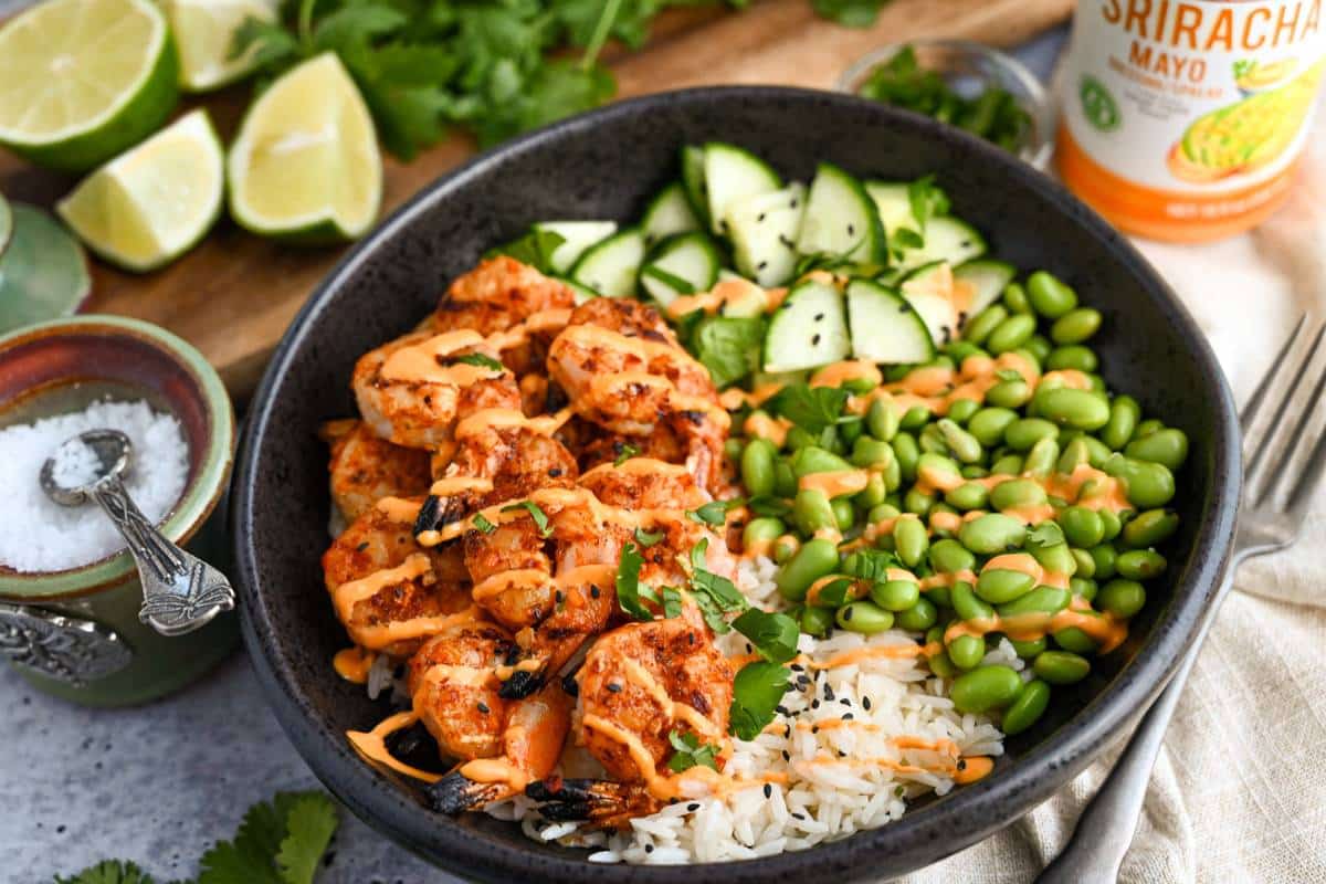 Sriracha Shrimp and Rice Bowl with Grilled Shrimp and Spicy Mayo